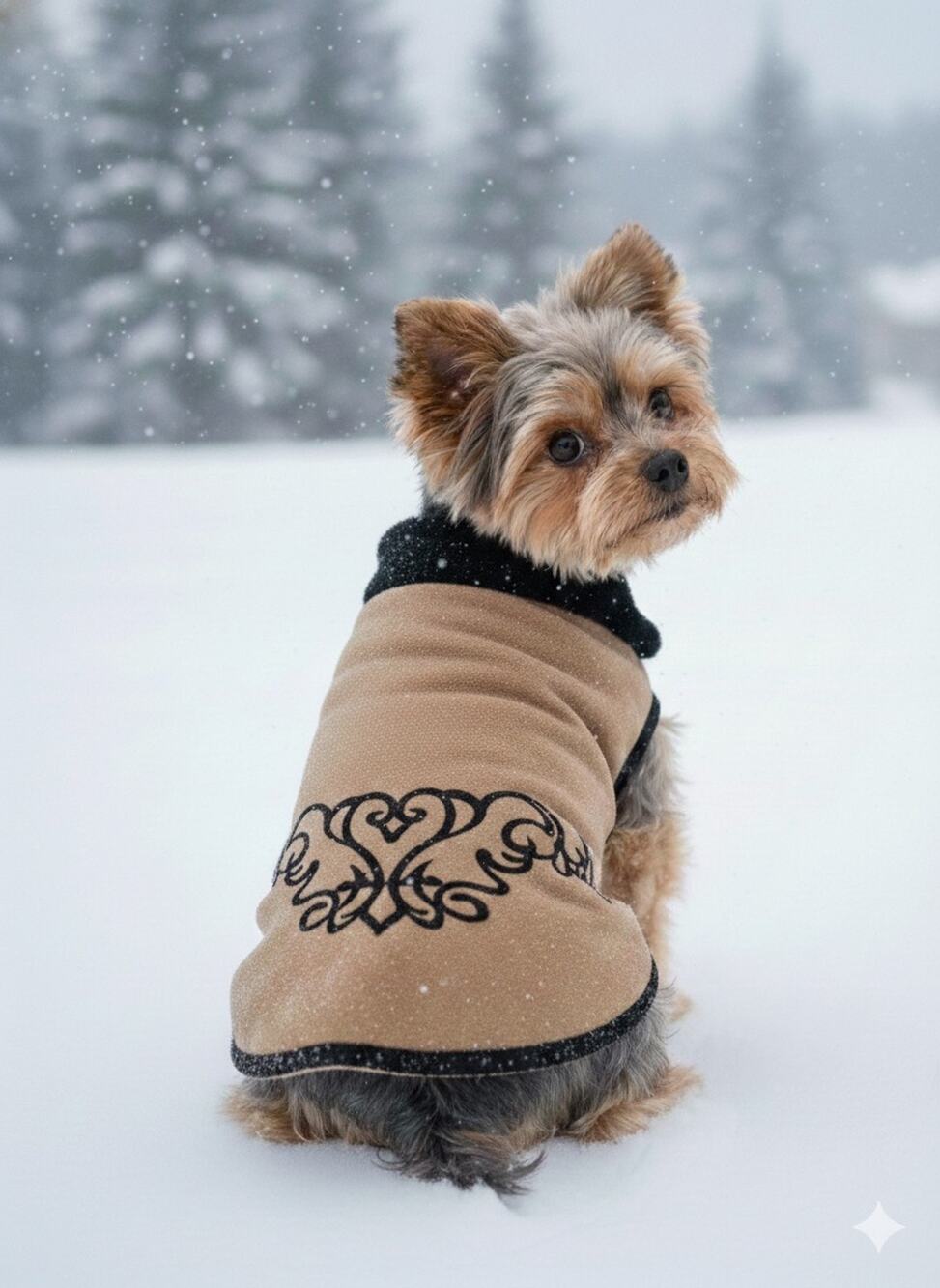 Tan And Black Austin Coterie Dog Coat Size 10 Faux Fur Collar Western Scroll